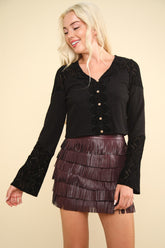 Elegant V-Neck Lace Detail Ribbed Crop Top with Bell Sleeves by VERY J